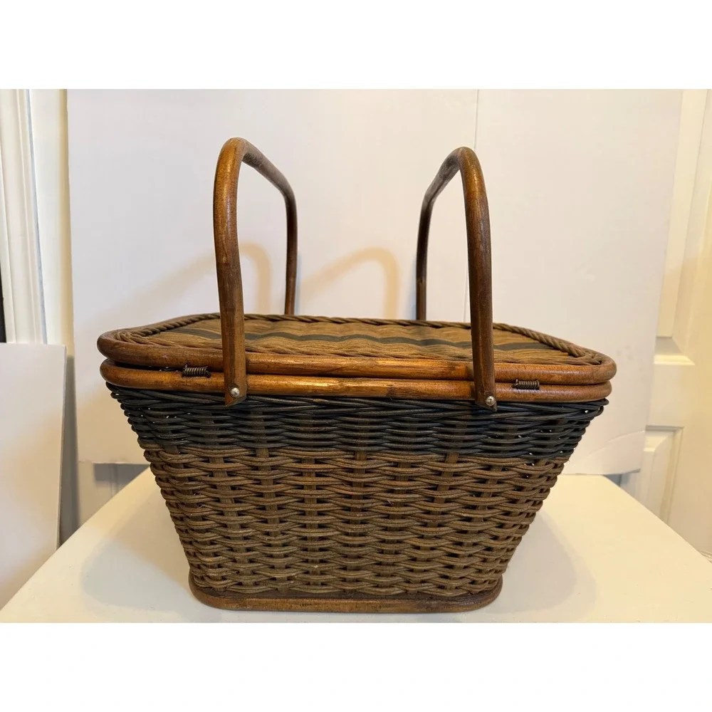 Vintage Woven Wicker Picnic Basket Two Tone Brown Hinged Lid Wood Base Handles